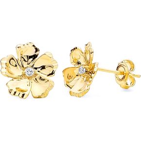 14k REAL Two Tone Gold CZ Flower Earrings