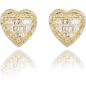Cute 14K Yellow Gold Plated 925 Sterling Silver Iced 5A Cz Hip Hop Baguette Large Heart Stud Earrings For Women Jewelry Gift For Wife Mom Wedding Birthday Valentine's Day Gifts Her