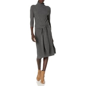 Cable Stitch Women's Turtleneck Ribbed Sweater Dress - 3/4 Sleeve Tie Waist Bodycon Fitted Knit Dress