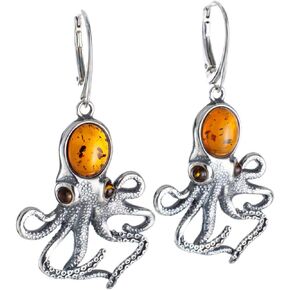 Amber Earrings - Baltic Honey Amber French Leverback Octopus Earrings - Sterling Silver Jewelry Collection