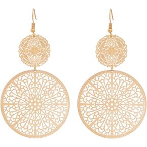 Filigree Disc Drop Earrings Double Round Disc Statement Earrings Metallic Brass Disc Dangle Hook Earrings
