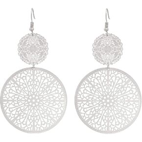 Filigree Disc Drop Earrings Double Round Disc Statement Earrings Metallic Brass Disc Dangle Hook Earrings in Kuwait