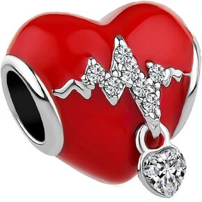 SBI Jewelry Red Heartbeat Heart Charm Compatible with Pandora Charm Bracelet Christmas Family Love Clear CZ Gift Bead Necklace Personalized Keychain Birthday Anniversary