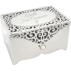 Cherished Moments Personalized Filigree Small Rectangle Jewelry Keepsake Box with Custom Engraved Message for SWEET 16" Gift, Silver Toned
