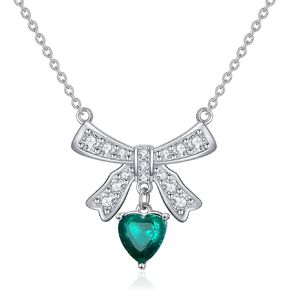Lab Grown Emerald Necklace 925 Sterling Silver Bow Pendant Necklace 6.5 * 6.5mm Heart Shape Emerald Pendant Necklace for Women