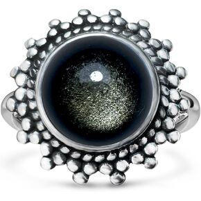 Silver Natural Obsidian Stone Ring for Women,Retro S925 Sterling Silver Gemstone Ring Jewelry Gift for Her