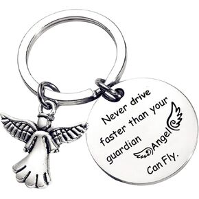 انكريو سلاسل مفاتيح بتصميم ملاك جارديان انجل لا تقود اسرع من حارسك، سلاسل مفاتيح للنساء هدية عيد ميلاد للابنة والابنة والاب والام، لون فضي, فضي in Kuwait