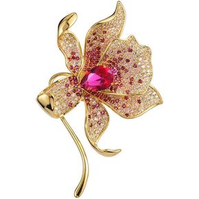 Rhinestone Lily Flowers Brooch Pin for Women Girls Fashion Red Crystal Brooch Lapel Pins Dainty Elegant Dress Accessories Jewelry Atmospheric Boutonniere Corsage for Hat Bag Suit Tie Gift Wedding
