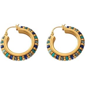 Retro Vintage Special Designed Handcrafted Beaded Turquoise Matte Metal Earrings Exquisite Natural Stone Hoop Earrings