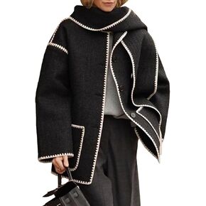 Womens Oversized Wool Blend Jacket With Scarf Button Down Shacket Overcoat Wool Coats with Pockets(-Black-L) in Kuwait