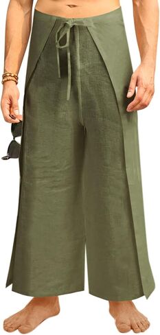 Runcati Mens Linen Wrap Pants Thai Fisherman Yoga Beach Hippie Lightweight Loose Fit Pants in Saudi Arabia