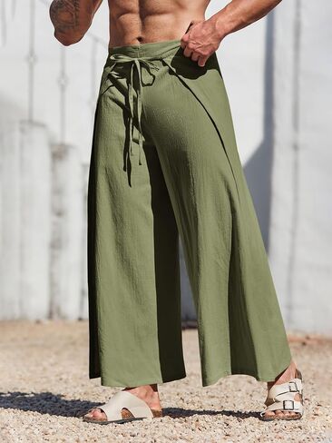 Runcati Mens Linen Wrap Pants Thai Fisherman Yoga Beach Hippie Lightweight Loose Fit Pants in Saudi Arabia