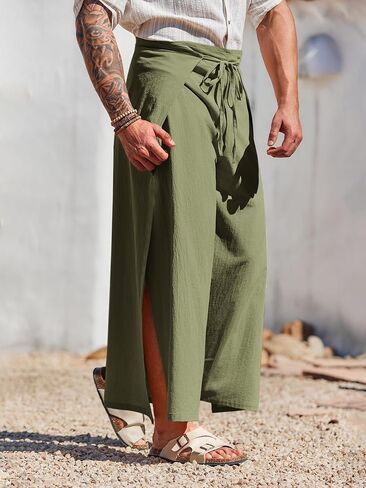 Runcati Mens Linen Wrap Pants Thai Fisherman Yoga Beach Hippie Lightweight Loose Fit Pants in Saudi Arabia