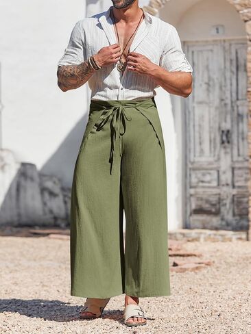 Runcati Mens Linen Wrap Pants Thai Fisherman Yoga Beach Hippie Lightweight Loose Fit Pants in Saudi Arabia