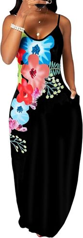 Womens Plus Size Bohemian Hawaiian Vacation Sundress Summer Long Maxi Beach Dresses with Pockets Black in Saudi Arabia