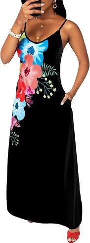 Womens Plus Size Bohemian Hawaiian Vacation Sundress Summer Long Maxi Beach Dresses with Pockets Black in Saudi Arabia