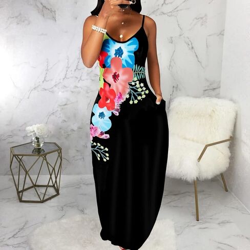 Womens Plus Size Bohemian Hawaiian Vacation Sundress Summer Long Maxi Beach Dresses with Pockets Black in Saudi Arabia