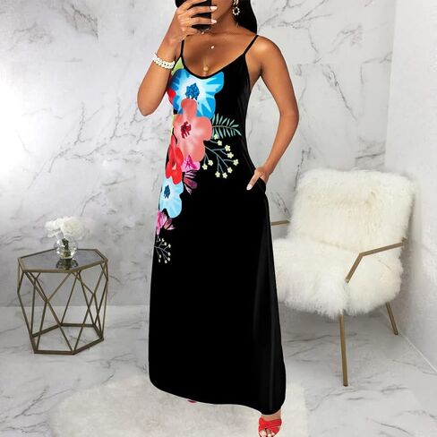Womens Plus Size Bohemian Hawaiian Vacation Sundress Summer Long Maxi Beach Dresses with Pockets Black in Saudi Arabia