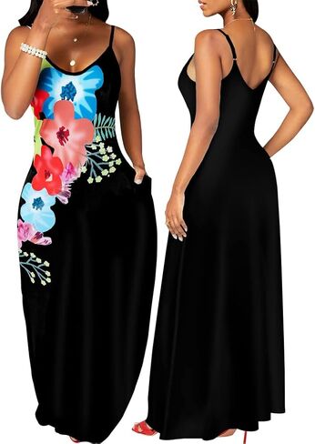 Womens Plus Size Bohemian Hawaiian Vacation Sundress Summer Long Maxi Beach Dresses with Pockets Black in Saudi Arabia