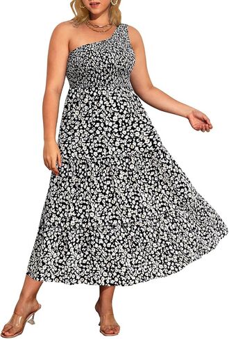 فستان Pinup Fashion للسيدات مقاس كبير بكتف واحد بدون أكمام للصيف غير رسمي بطبقات واسعة للشاطئ بوهو ماكسي in Kuwait
