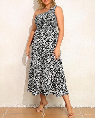 فستان Pinup Fashion للسيدات مقاس كبير بكتف واحد بدون أكمام للصيف غير رسمي بطبقات واسعة للشاطئ بوهو ماكسي in Kuwait