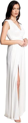 DRESS THE POPULATION Women's Krista V Neck Tie Waist Coated Jersey Slit Front Maxi Dress in Saudi Arabia
