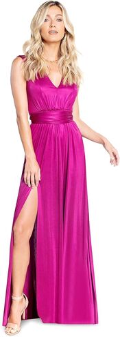 DRESS THE POPULATION Women's Krista V Neck Tie Waist Coated Jersey Slit Front Maxi Dress in Saudi Arabia