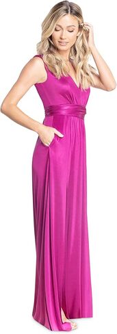 DRESS THE POPULATION Women's Krista V Neck Tie Waist Coated Jersey Slit Front Maxi Dress in Saudi Arabia