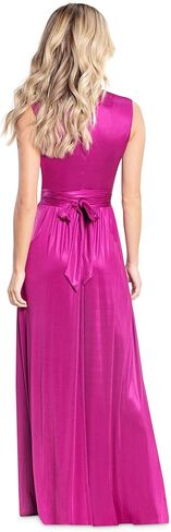 DRESS THE POPULATION Women's Krista V Neck Tie Waist Coated Jersey Slit Front Maxi Dress in Saudi Arabia