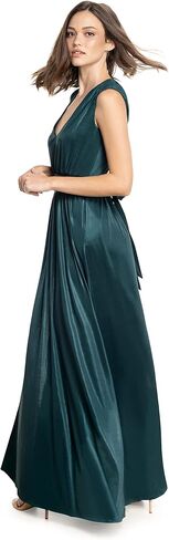 DRESS THE POPULATION Women's Krista V Neck Tie Waist Coated Jersey Slit Front Maxi Dress in Saudi Arabia