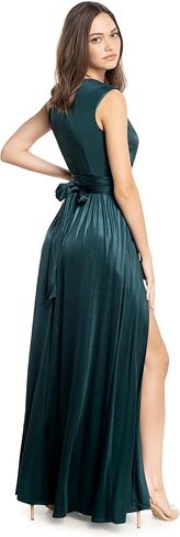 DRESS THE POPULATION Women's Krista V Neck Tie Waist Coated Jersey Slit Front Maxi Dress in Saudi Arabia