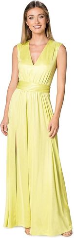 DRESS THE POPULATION Women's Krista V Neck Tie Waist Coated Jersey Slit Front Maxi Dress in Saudi Arabia