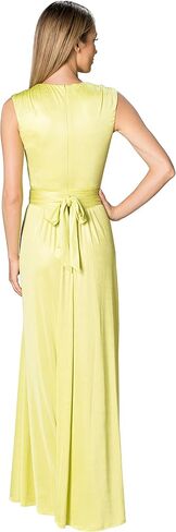 DRESS THE POPULATION Women's Krista V Neck Tie Waist Coated Jersey Slit Front Maxi Dress in Saudi Arabia