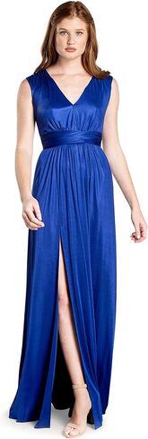DRESS THE POPULATION Women's Krista V Neck Tie Waist Coated Jersey Slit Front Maxi Dress in Saudi Arabia