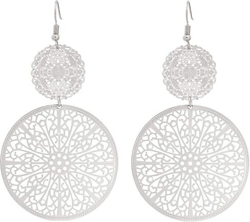 Filigree Disc Drop Earrings Double Round Disc Statement Earrings Metallic Brass Disc Dangle Hook Earrings in Kuwait