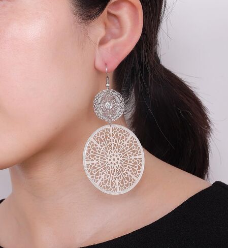 Filigree Disc Drop Earrings Double Round Disc Statement Earrings Metallic Brass Disc Dangle Hook Earrings in Kuwait