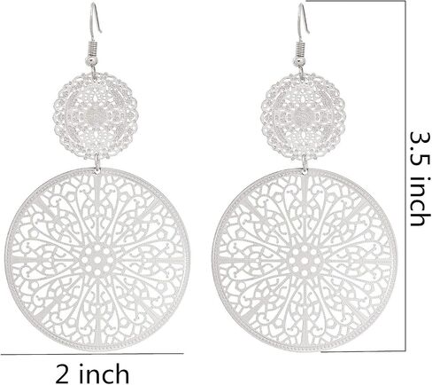 Filigree Disc Drop Earrings Double Round Disc Statement Earrings Metallic Brass Disc Dangle Hook Earrings in Kuwait