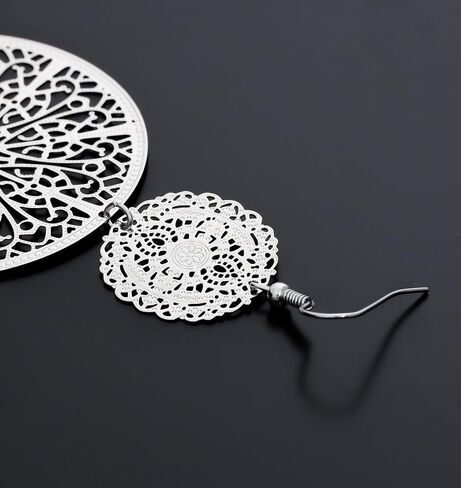 Filigree Disc Drop Earrings Double Round Disc Statement Earrings Metallic Brass Disc Dangle Hook Earrings in Kuwait