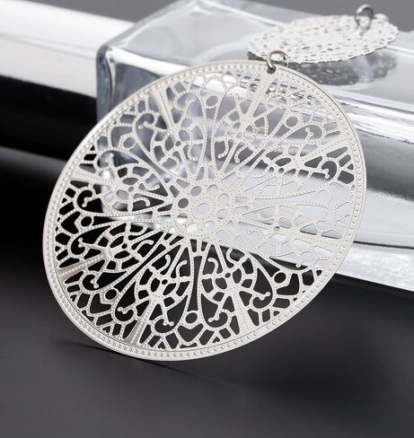 Filigree Disc Drop Earrings Double Round Disc Statement Earrings Metallic Brass Disc Dangle Hook Earrings in Kuwait