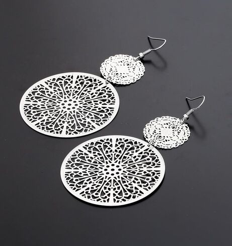 Filigree Disc Drop Earrings Double Round Disc Statement Earrings Metallic Brass Disc Dangle Hook Earrings in Kuwait