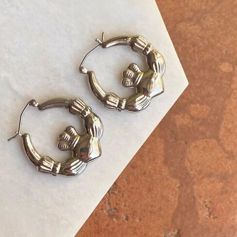 925 Sterling Silver Rhodium Plated Irish Claddagh Celtic Trinity Knot Hoop Earrings - 25mm 1 Inch diameter - Made in the USA - Gift for St Patricks Day in Saudi Arabia