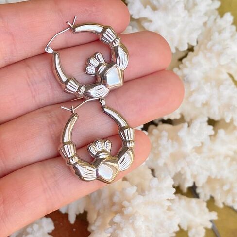925 Sterling Silver Rhodium Plated Irish Claddagh Celtic Trinity Knot Hoop Earrings - 25mm 1 Inch diameter - Made in the USA - Gift for St Patricks Day in Saudi Arabia