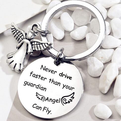 انكريو سلاسل مفاتيح بتصميم ملاك جارديان انجل لا تقود اسرع من حارسك، سلاسل مفاتيح للنساء هدية عيد ميلاد للابنة والابنة والاب والام، لون فضي, فضي in Kuwait