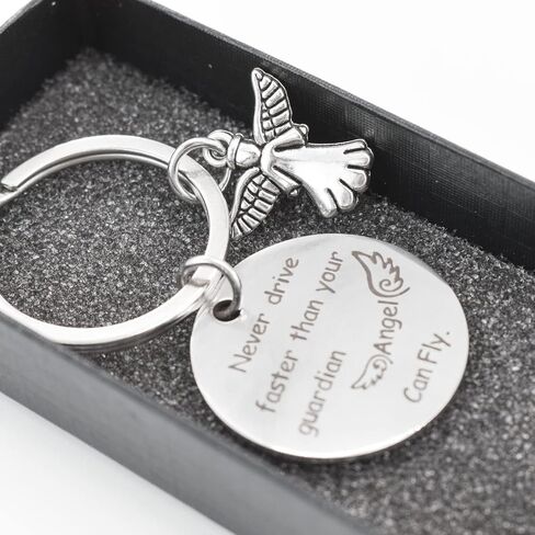انكريو سلاسل مفاتيح بتصميم ملاك جارديان انجل لا تقود اسرع من حارسك، سلاسل مفاتيح للنساء هدية عيد ميلاد للابنة والابنة والاب والام، لون فضي, فضي in Kuwait