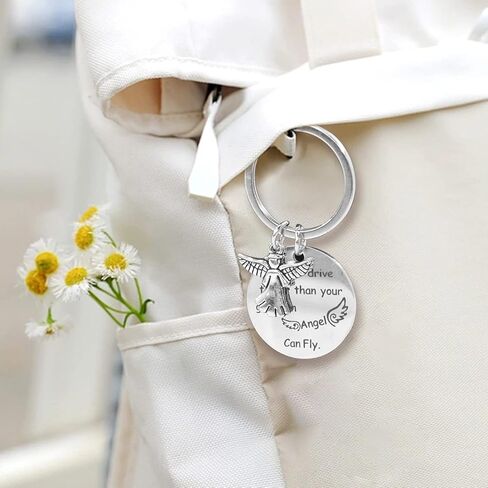 انكريو سلاسل مفاتيح بتصميم ملاك جارديان انجل لا تقود اسرع من حارسك، سلاسل مفاتيح للنساء هدية عيد ميلاد للابنة والابنة والاب والام، لون فضي, فضي in Kuwait