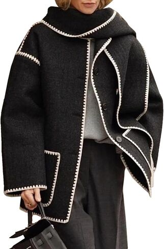 Womens Oversized Wool Blend Jacket With Scarf Button Down Shacket Overcoat Wool Coats with Pockets(-Black-L) in Kuwait