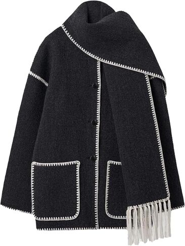 Womens Oversized Wool Blend Jacket With Scarf Button Down Shacket Overcoat Wool Coats with Pockets(-Black-L) in Kuwait
