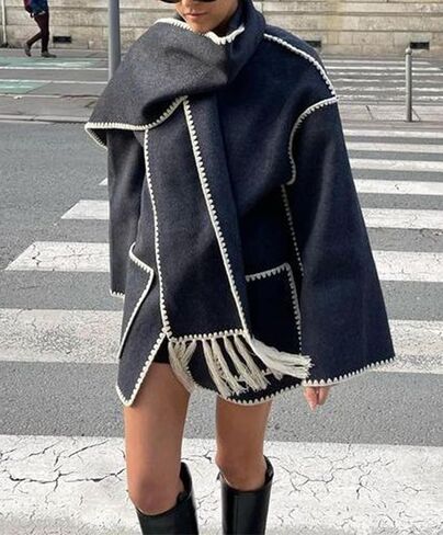 Womens Oversized Wool Blend Jacket With Scarf Button Down Shacket Overcoat Wool Coats with Pockets(-Black-L) in Kuwait