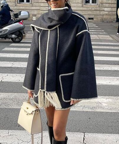 Womens Oversized Wool Blend Jacket With Scarf Button Down Shacket Overcoat Wool Coats with Pockets(-Black-L) in Kuwait