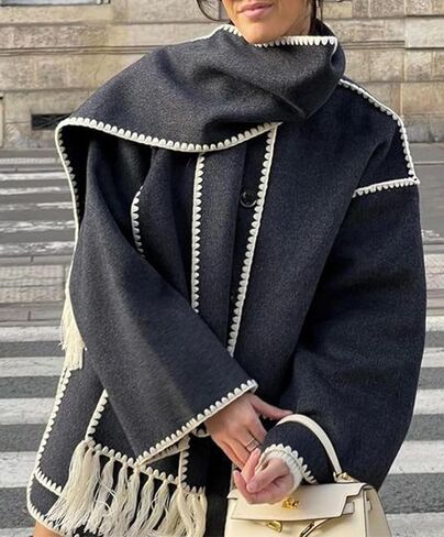 Womens Oversized Wool Blend Jacket With Scarf Button Down Shacket Overcoat Wool Coats with Pockets(-Black-L) in Kuwait